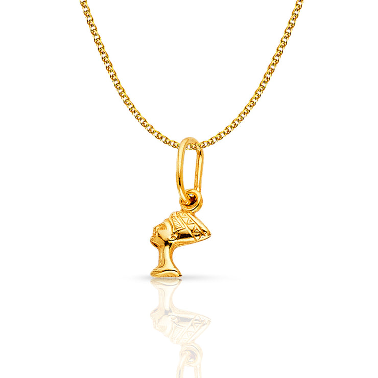 14K Gold Egyptian Queen Pharoah Nefertiti Charm Pendant with 1.2mm Flat Open Wheat Chain Necklace