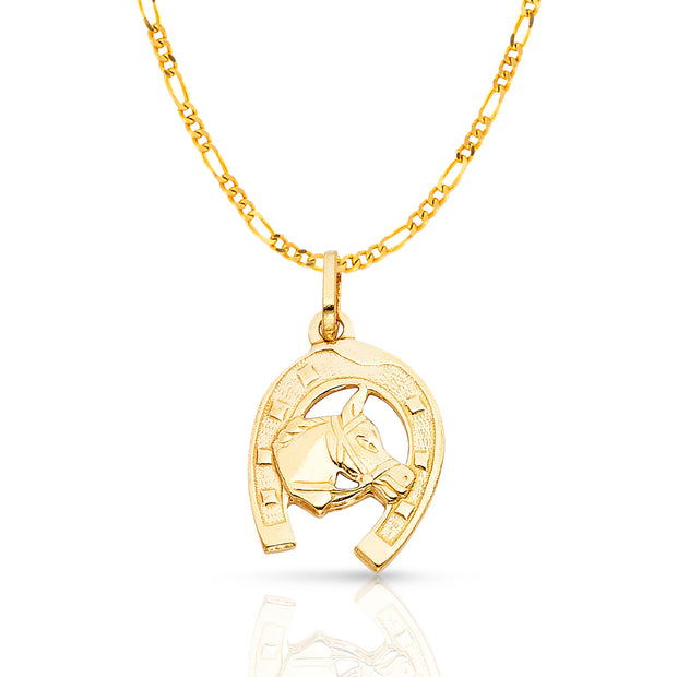 14K Gold Lucky Horse in Horseshoe Charm Pendant with 2.3mm Figaro 3+1 Chain Necklace
