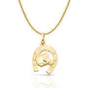 14K Gold Lucky Horse in Horseshoe Charm Pendant with 1.5mm Flat Open Wheat Chain Necklace