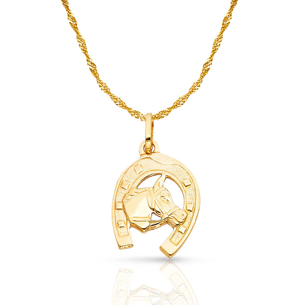14K Gold Lucky Horse in Horseshoe Charm Pendant with 1.2mm Singapore Chain Necklace