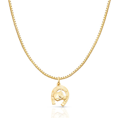 14K Gold Lucky Horse in Horseshoe Charm Pendant with 1.2mm Box Chain Necklace