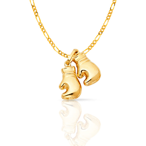 14K Gold Dual Boxing Glove Charm Pendant with 2mm Figaro 3+1 Chain Necklace