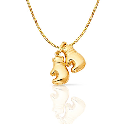 14K Gold Dual Boxing Glove Charm Pendant with 1.5mm Flat Open Wheat Chain Necklace