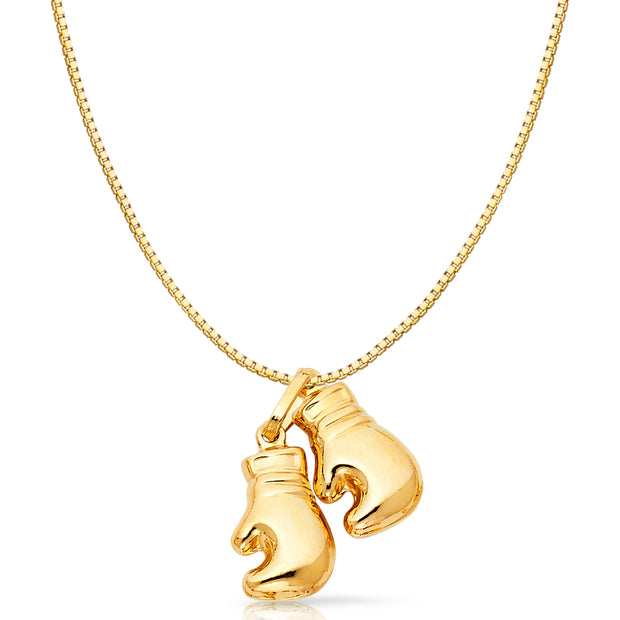 14K Gold Dual Boxing Glove Charm Pendant with 0.8mm Box Chain Necklace