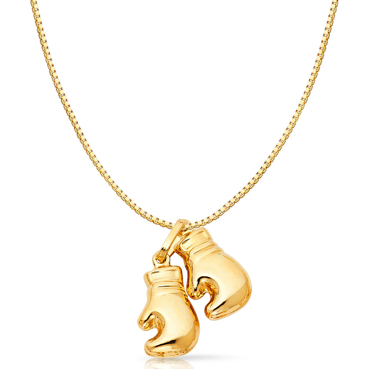 14K Gold Dual Boxing Glove Charm Pendant with 0.8mm Box Chain Necklace