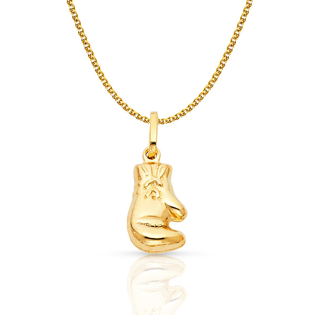 14K Gold Single Boxing Glove Charm Pendant with 1.2mm Flat Open Wheat Chain Necklace