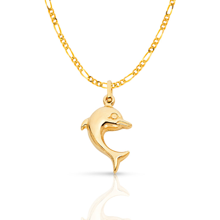 14K Gold Dolphin Charm Pendant with 2mm Figaro 3+1 Chain Necklace