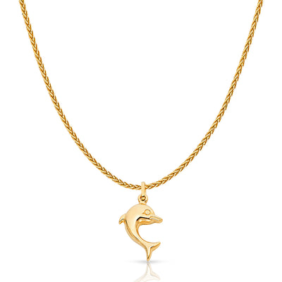 14K Gold Jumping Dolphin Prosperity Charm Pendant with 1.1mm Wheat Chain Necklace