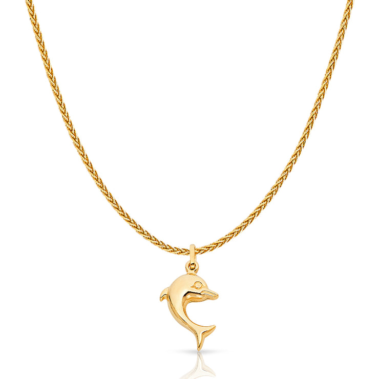 14K Gold Jumping Dolphin Prosperity Charm Pendant with 1.1mm Wheat Chain Necklace