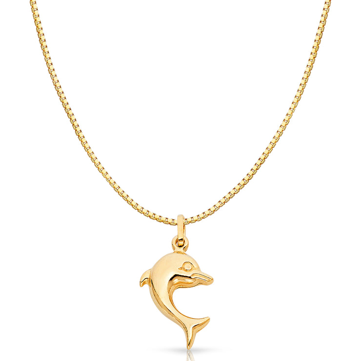 14K Gold Jumping Dolphin Prosperity Charm Pendant with 0.8mm Box Chain Necklace