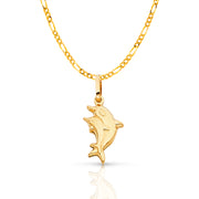 14K Gold Dolphin Prosperity Charm Pendant with 2mm Figaro 3+1 Chain Necklace