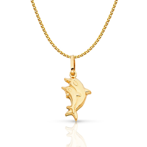 14K Gold Dolphin Prosperity Charm Pendant with 1.5mm Flat Open Wheat Chain Necklace