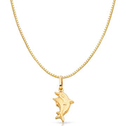 14K Gold Double Dolphin Prosperity Charm Pendant with 0.8mm Box Chain Necklace