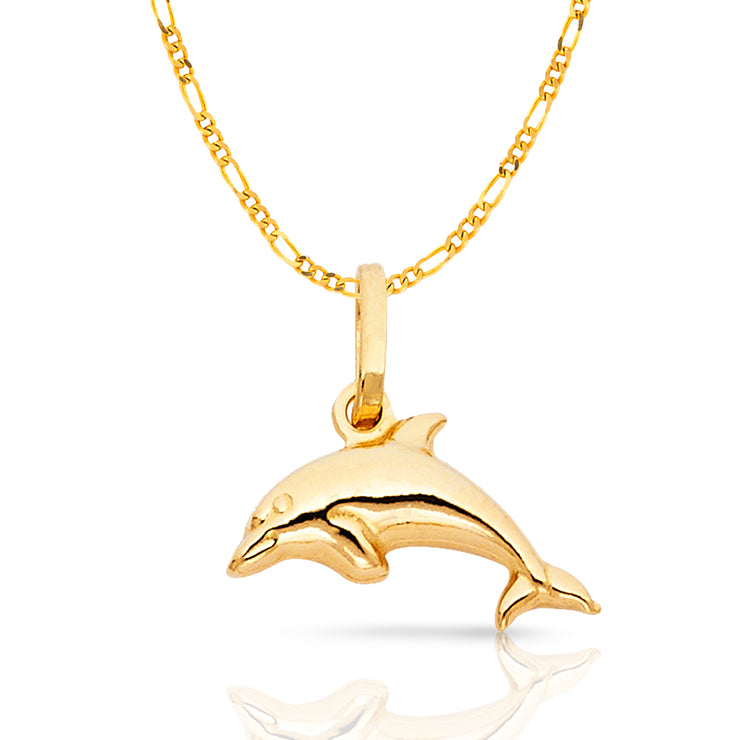 14K Gold Dolphin Charm Pendant with 1.6mm Figaro 3+1 Chain Necklace