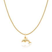 14K Gold Jumping Dolphin Prosperity Charm Pendant with 0.9mm Wheat Chain Necklace