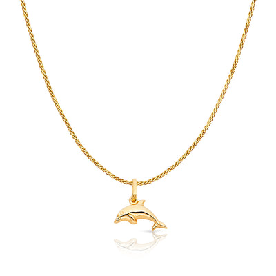 14K Gold Jumping Dolphin Prosperity Charm Pendant with 0.9mm Wheat Chain Necklace