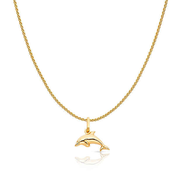 14K Gold Jumping Dolphin Prosperity Charm Pendant with 0.9mm Wheat Chain Necklace