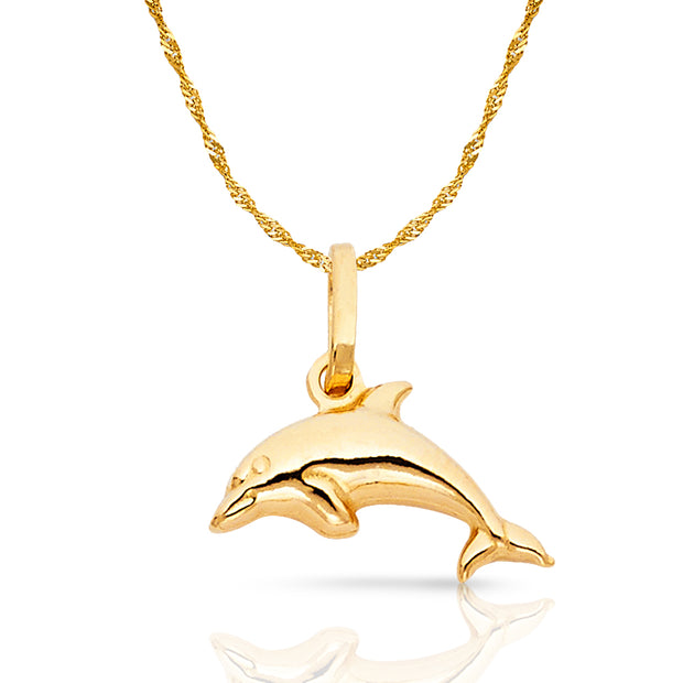 14K Gold Dolphin Charm Pendant with 0.9mm Singapore Chain Necklace