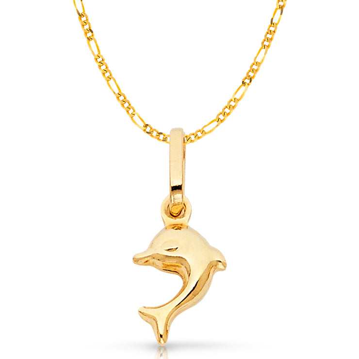 14K Gold Dolphin Charm Pendant with 1.6mm Figaro 3+1 Chain Necklace