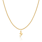 14K Gold Jumping Dolphin Prosperity Charm Pendant with 0.9mm Wheat Chain Necklace