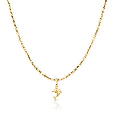 14K Gold Jumping Dolphin Prosperity Charm Pendant with 0.9mm Wheat Chain Necklace