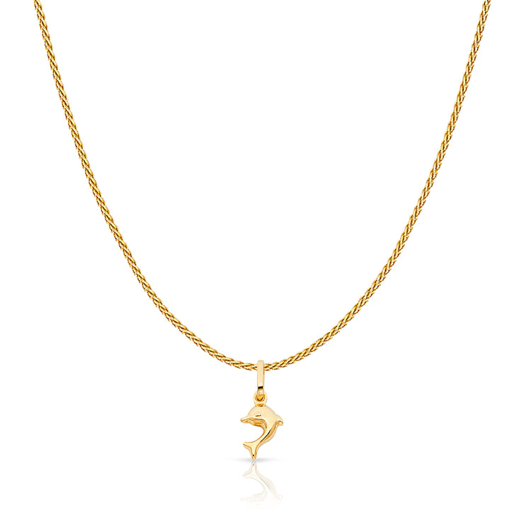 14K Gold Jumping Dolphin Prosperity Charm Pendant with 0.9mm Wheat Chain Necklace