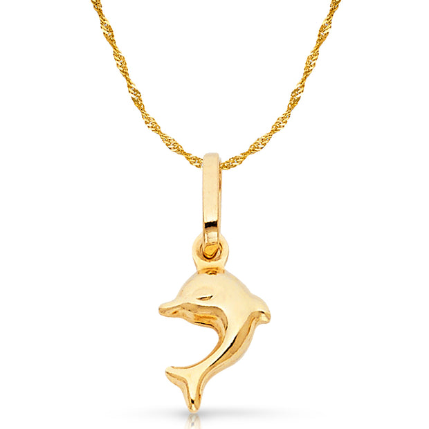 14K Gold Dolphin Charm Pendant with 0.9mm Singapore Chain Necklace