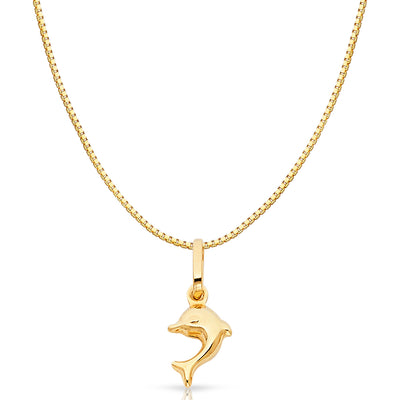 14K Gold Jumping Dolphin Prosperity Charm Pendant with 0.8mm Box Chain Necklace