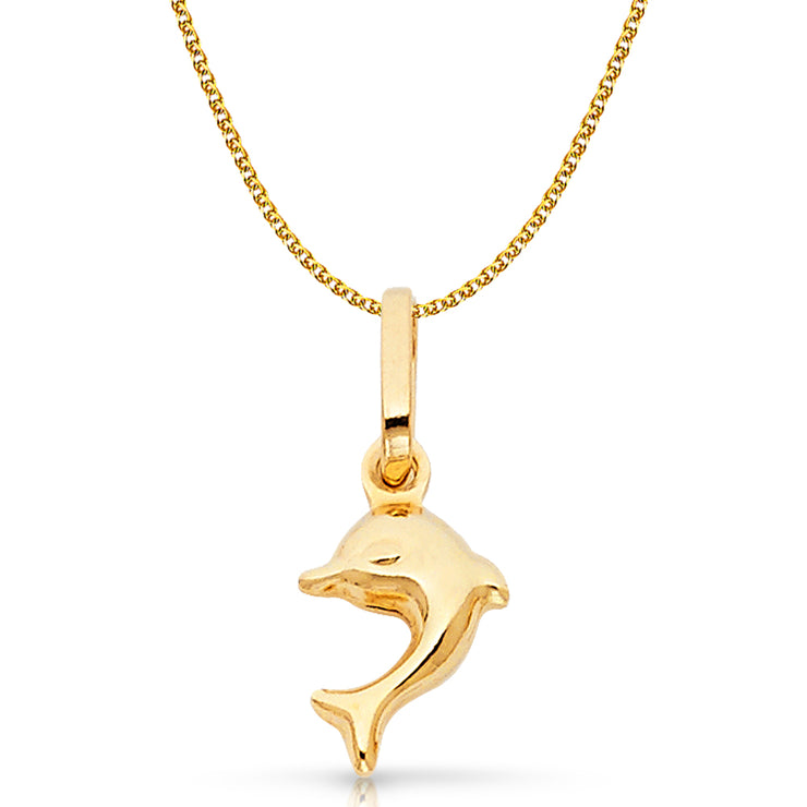 14K Gold Dolphin Charm Pendant with 1.2mm Flat Open Wheat Chain Necklace