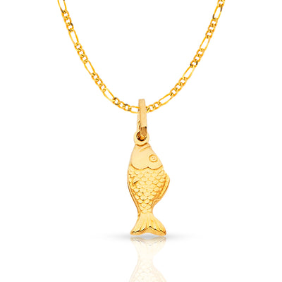 14K Gold Fish Charm Pendant with 1.6mm Figaro 3+1 Chain Necklace