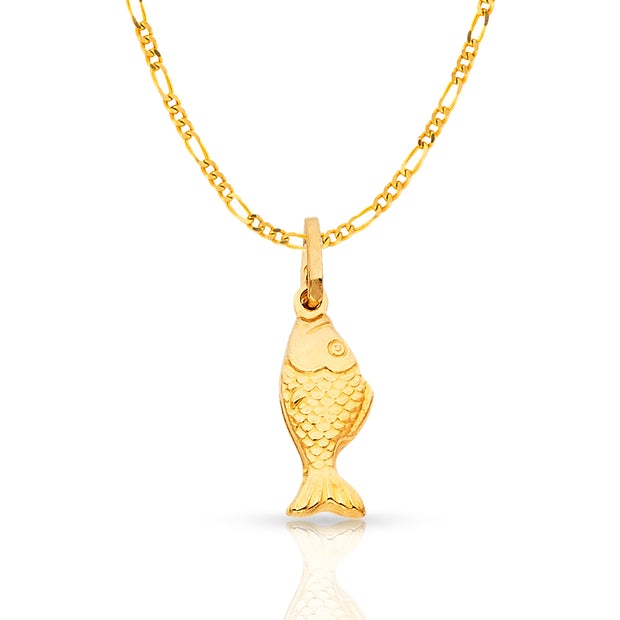 14K Gold Fish Charm Pendant with 1.6mm Figaro 3+1 Chain Necklace