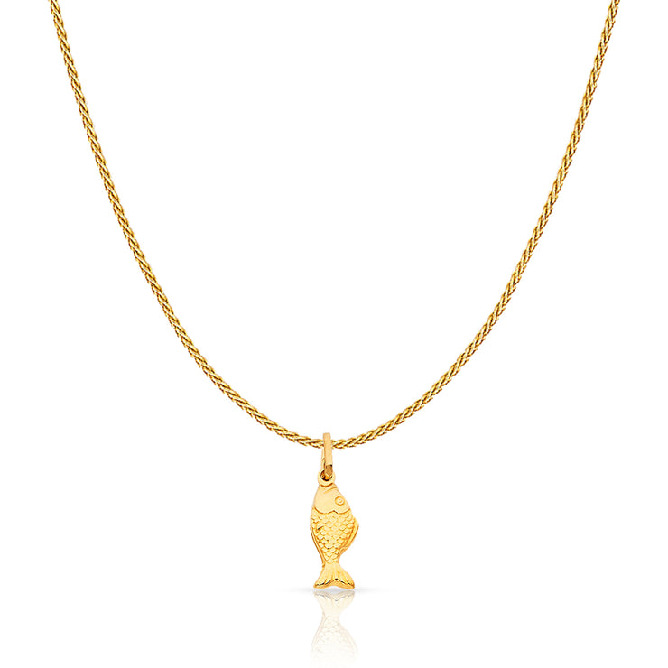 14K Gold Fish Charm Pendant with 0.9mm Wheat Chain Necklace