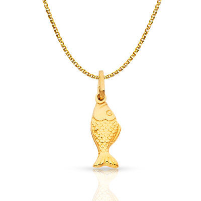 14K Gold Fish Charm Pendant with 1.2mm Flat Open Wheat Chain Necklace