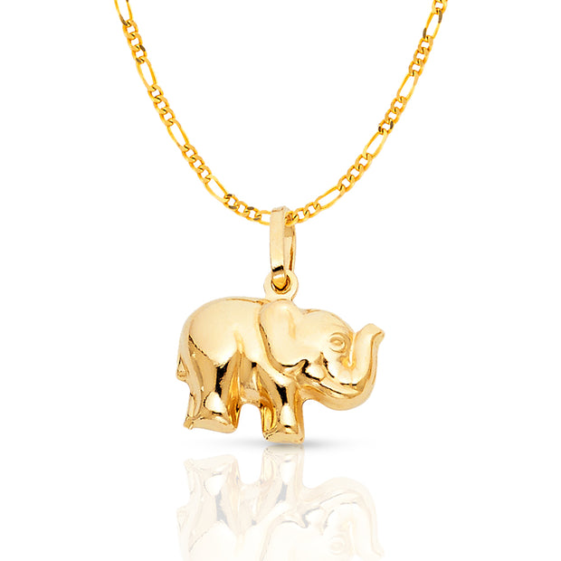 14K Gold Elephant Strength & Luck Charm Pendant with 1.6mm Figaro 3+1 Chain Necklace