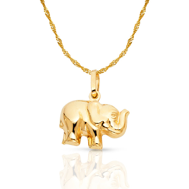 14K Gold Elephant Strength & Luck Charm Pendant with 0.9mm Singapore Chain Necklace