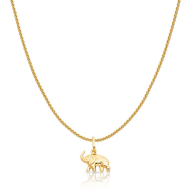 14K Gold Elephant Strength & Luck Charm Pendant with 0.9mm Wheat Chain Necklace