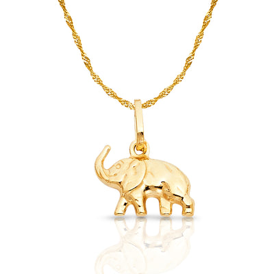 14K Gold Elephant Strength & Luck Charm Pendant with 0.9mm Singapore Chain Necklace