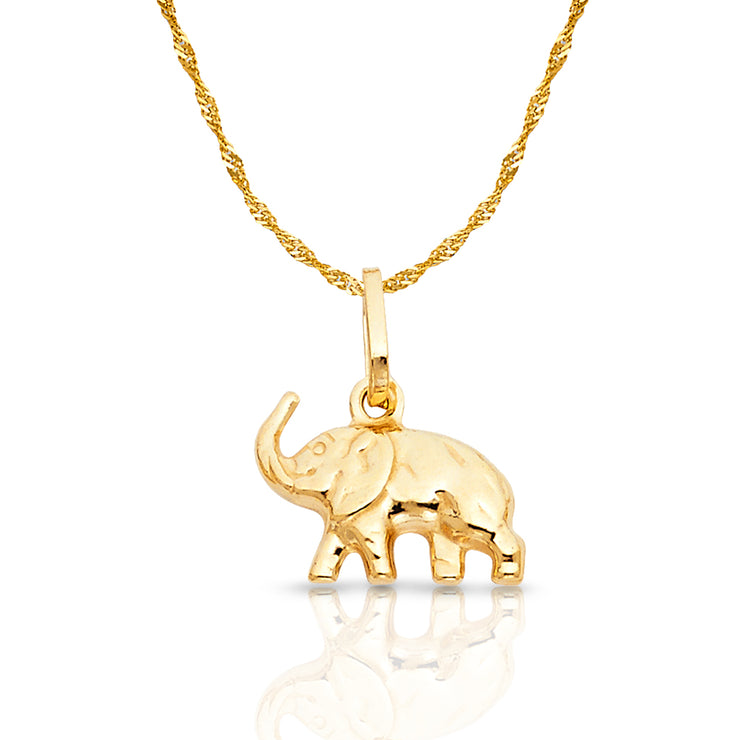 14K Gold Elephant Strength & Luck Charm Pendant with 0.9mm Singapore Chain Necklace