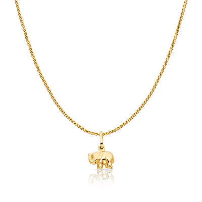 14K Gold Elephant Strength & Luck Charm Pendant with 0.9mm Wheat Chain Necklace