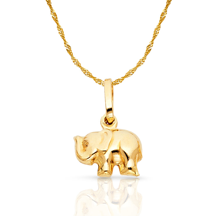 14K Gold Elephant Strength & Luck Charm Pendant with 0.9mm Singapore Chain Necklace