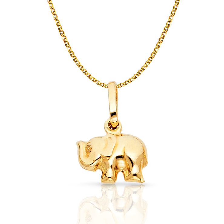 14K Gold Elephant Strength & Luck Charm Pendant with 1.2mm Flat Open Wheat Chain Necklace