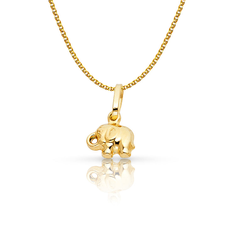 14K Gold Elephant Strength & Luck Charm Pendant with 1.2mm Flat Open Wheat Chain Necklace