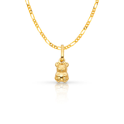 14K Gold Small Sitting Bear Charm Pendant with 1.6mm Figaro 3+1 Chain Necklace