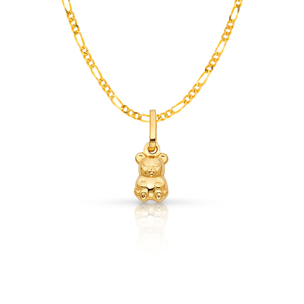 14K Gold Small Sitting Bear Charm Pendant with 1.6mm Figaro 3+1 Chain Necklace