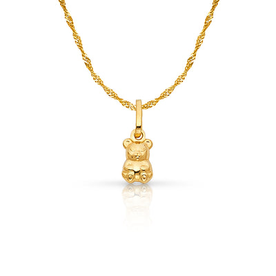 14K Gold Small Sitting Bear Charm Pendant with 0.9mm Singapore Chain Necklace