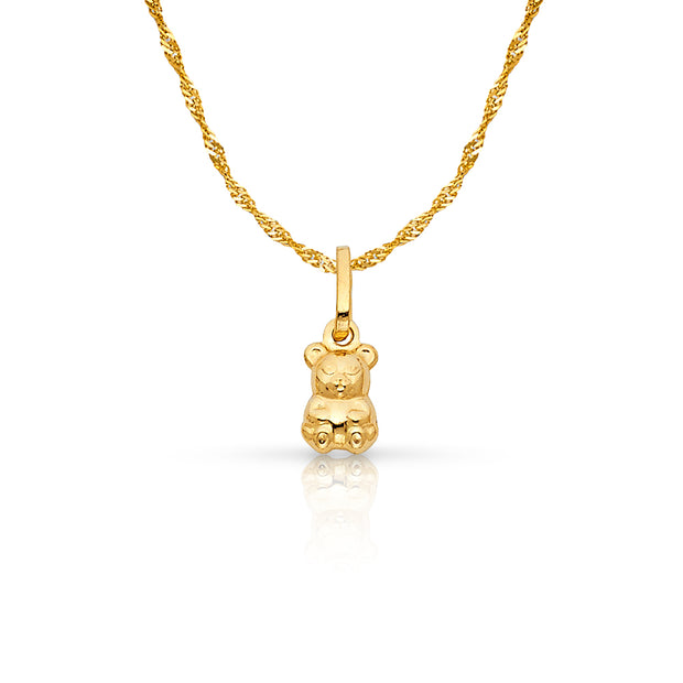 14K Gold Small Sitting Bear Charm Pendant with 0.9mm Singapore Chain Necklace