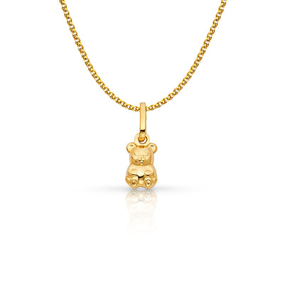 14K Gold Small Sitting Bear Charm Pendant with 1.2mm Flat Open Wheat Chain Necklace