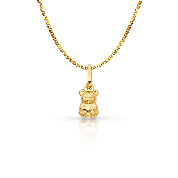 14K Gold Small Sitting Bear Charm Pendant with 1.2mm Flat Open Wheat Chain Necklace
