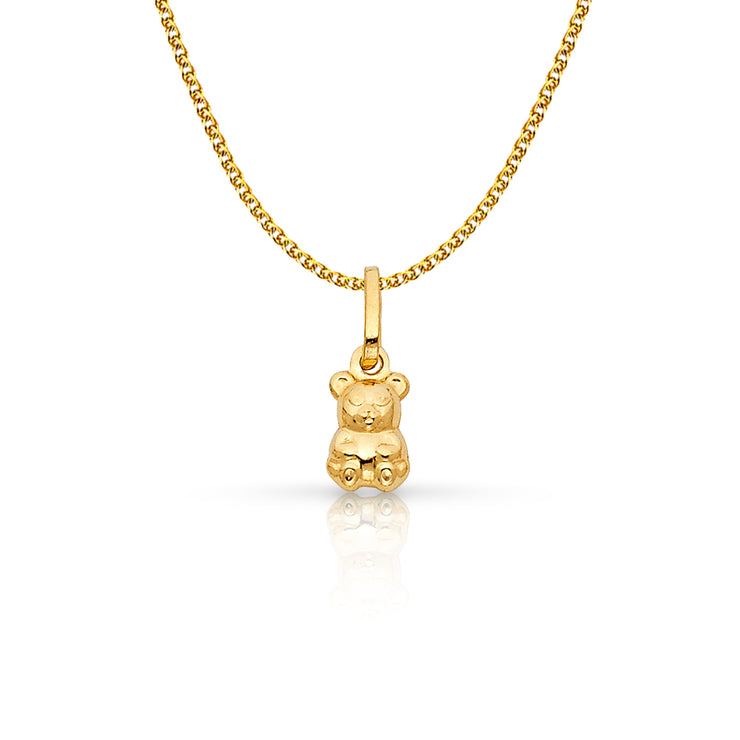 14K Gold Small Sitting Bear Charm Pendant with 1.2mm Flat Open Wheat Chain Necklace