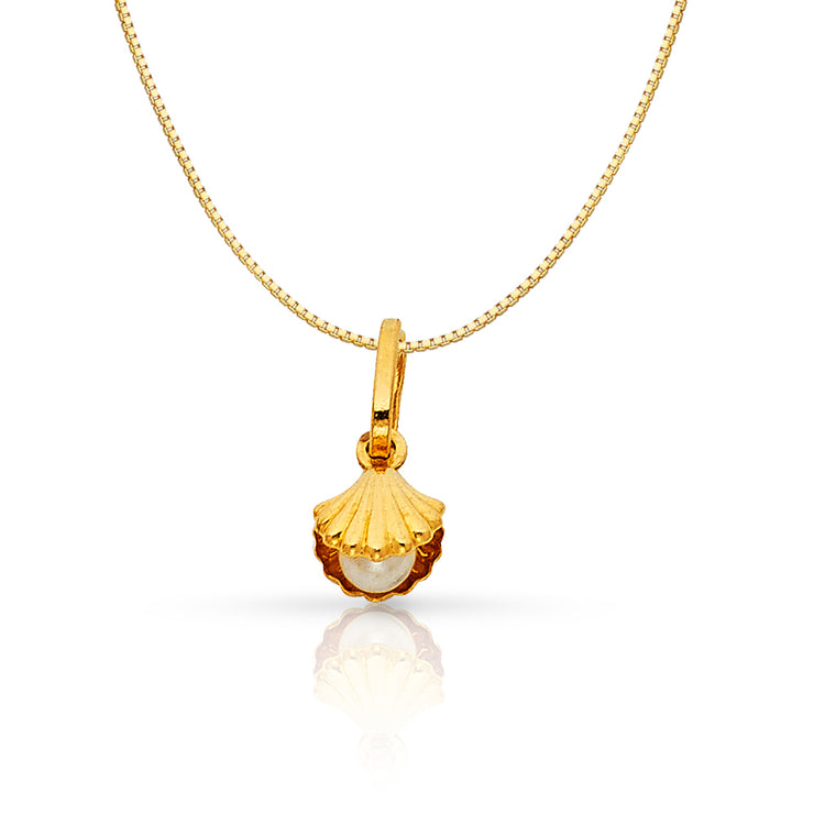 14K Gold Clam Shell with Fresh Water Cultured Pearl Charm Pendant with 0.8mm Box Chain Necklace